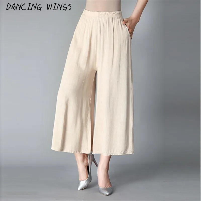 

Solid Summer women's casual pants capris loose large size cotton linen wide leg pants Culottes