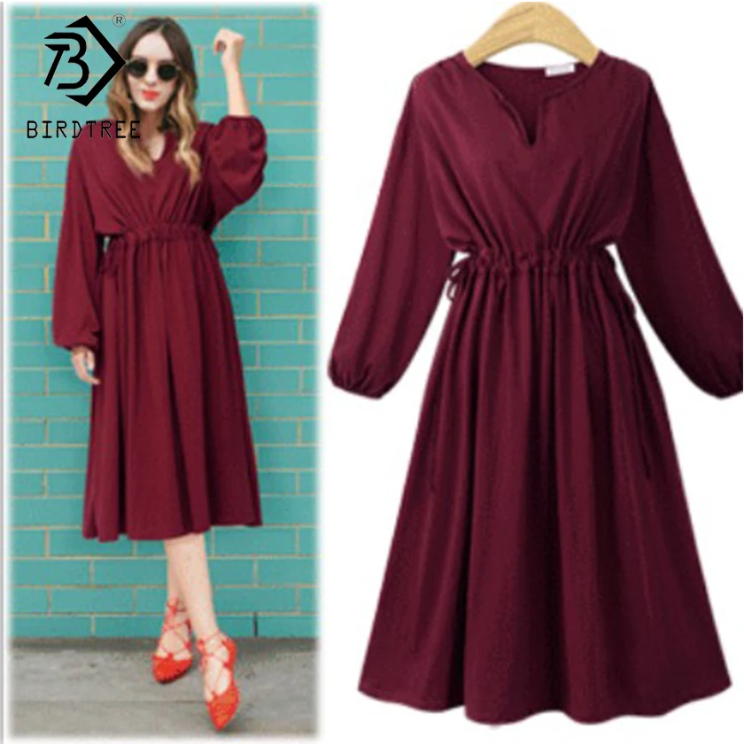 

Plus 5XL Women's Dresses V-Neck Loose Big Hem Lace Up Dress Elegance 3 Color Full Sleeve Female Casual Girls Outwear C80603L