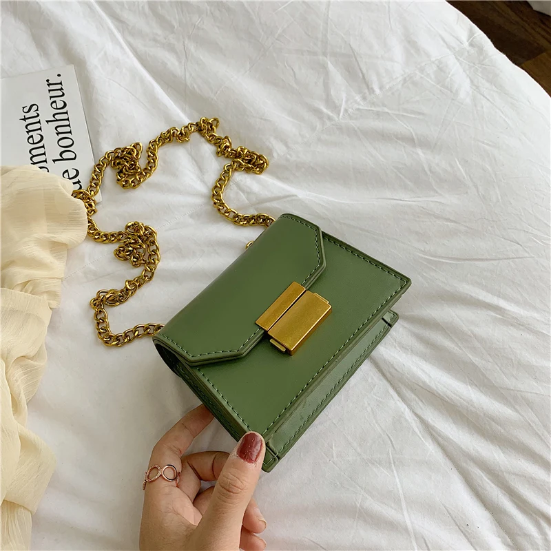 Элегантная женская квадратная сумка с клапаном, модная новая качественная женская дизайнерская сумка из искусственной кожи, сумки на плечо с замком и цепочкой - Цвет: Green trumpet