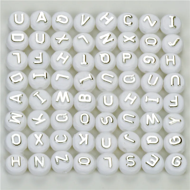 

100Pcs 10mm Acrylic Beads Wholesale Round Letters Beads With Silver Letter For Jewelry Making White Alphabets Beads DIY Crafts