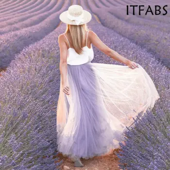 

2019 New Hot Summer Sexy Elegant Double Mesh Pleated Long Maxi Skirt Women Lady Beach Skirt