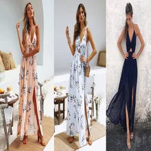 Womens Dress Summer Boho Maxi 2019 New Long Dress Party Beach Dresses V Neck Split Sundress Floral Halter Dress Female floral long sleeves v neckline womens maxi dress