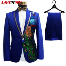 LONMMY Свадебные Мужские Блейзер slim fit цветочным узором и изображением павлина сетчатая ткань с блестками костюмы мужские 2 шт./компл. куртка+ брюки для девочек дизайн