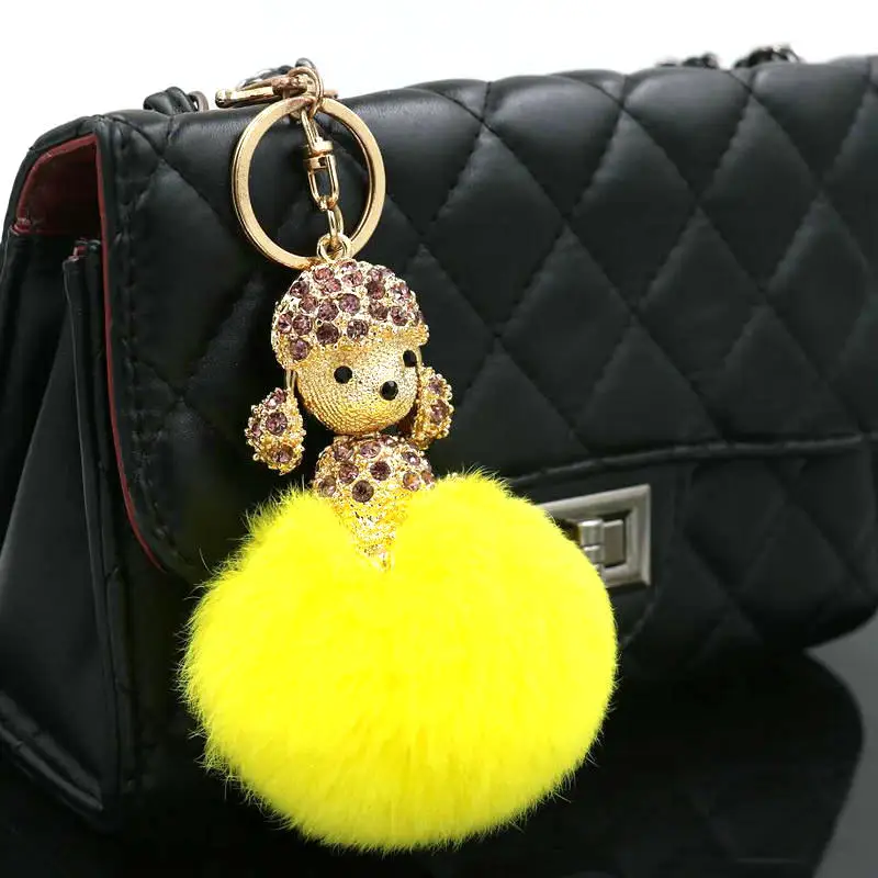 

ANILLO Fluffy Women Key Chains Animal Dog Pendant Real Rabbit Fur KeyChain Gold Color Cute Zircon Trinket Accessories Girl Gift