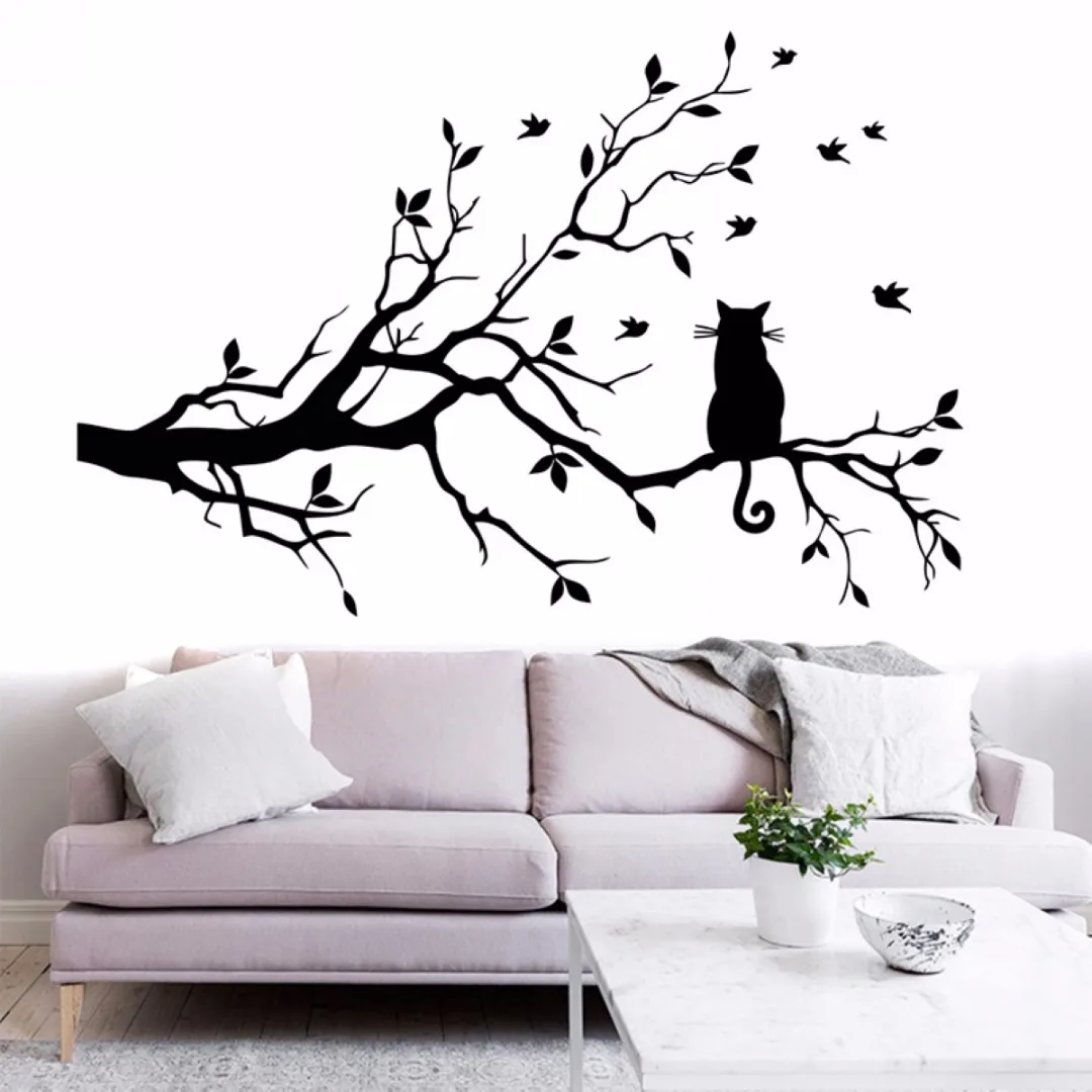 Large Cat On A Branch Tree Birds Wall Sticker Vinyl Art Decal Window Decal Stencil For Kids Room Decor Adesivo De Parede