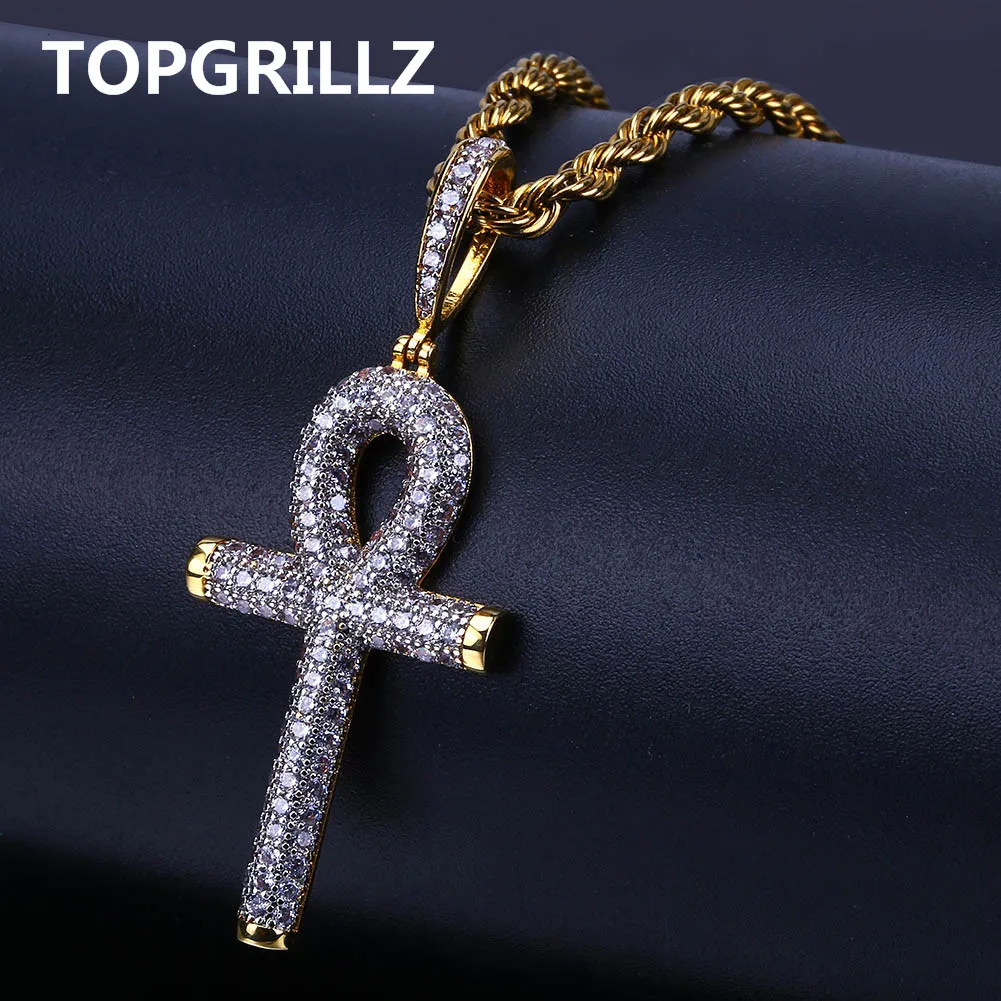 TOPGRILLZ Solid Back Ankh Cross Necklaces Mens Women Hip Hop Pendant Necklaces Iced Out AAA+ Bling CZ Stone Gifts Dropshipping