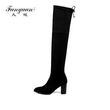 

2019 Hot Women Stretch Slim Thigh High Boots Sexy Fashion Over the Knee Boots High Heels Woman Black Gray Wine Pointed shoes