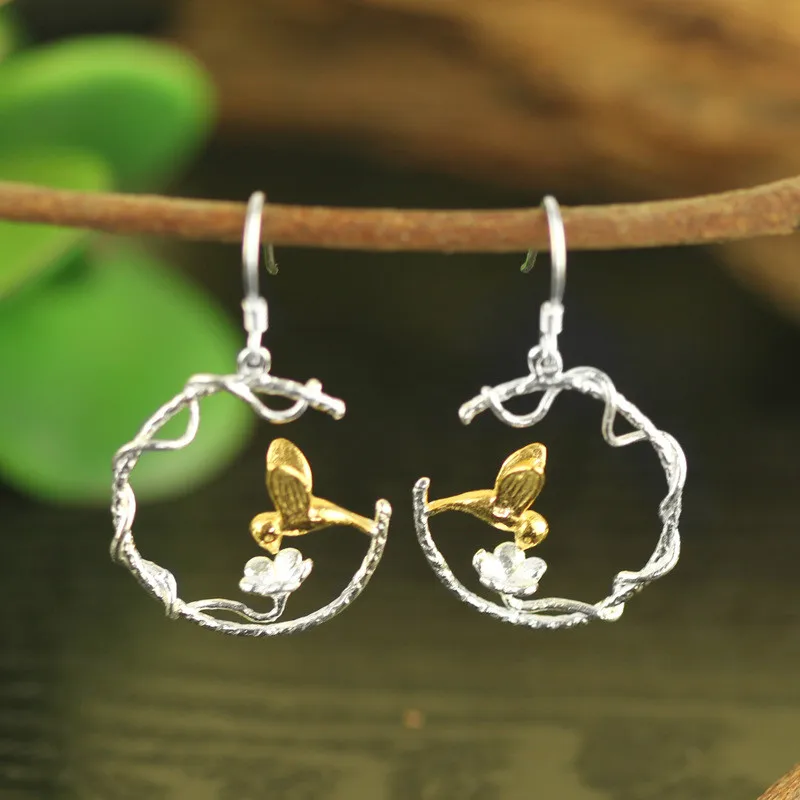 

JINSE Real 925 Sterling Silver Natural Creative Handmade Fine Jewelry Perfect Lovely Bird Drop Earrings for Women Brincos