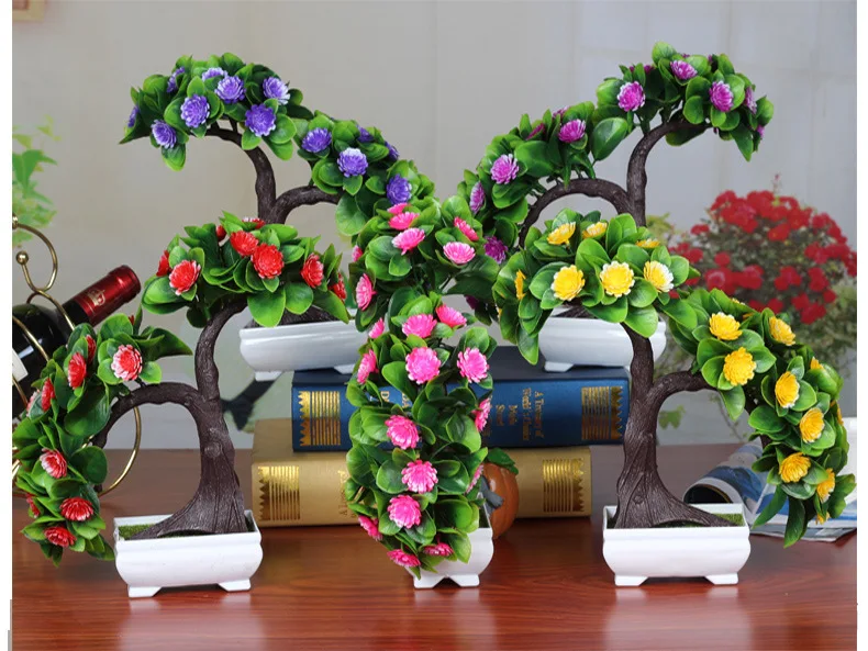 Flone Artificial Plants Flowers Fake Green Plant Welcome Pine Bonsai Simulation Plastic Flowers Wedding Home Decoration Plant (9)