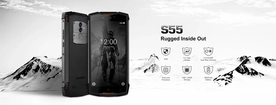 DOOGEE S55 Android 8,0 5,5 ''мобильный телефон 4 ГБ ОЗУ 64 Гб ПЗУ 5500 мАч MTK6750T Восьмиядерный водонепроницаемый отпечаток пальца двойной 13+ 8 Мп OTA