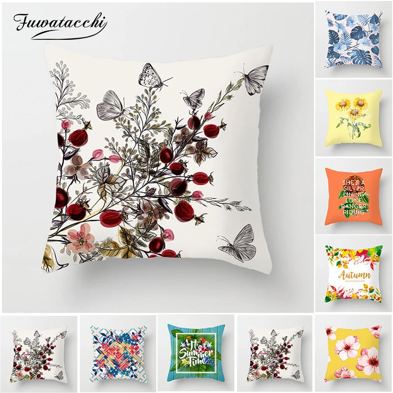 Fuwatacchi Plum Flower Butterfly Cushion Cover Cherry Leaf Pillow Case Linen Cotton Pillow Covers Bedroom Sofa Decoration