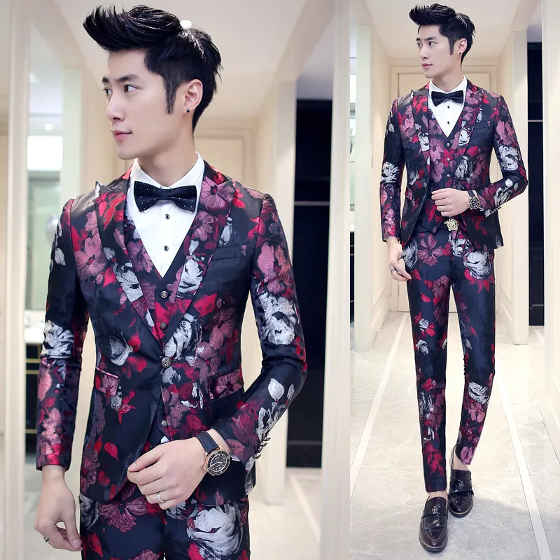 2018 new jacket+vest+pants fashion casual men's suit personality Floral ...