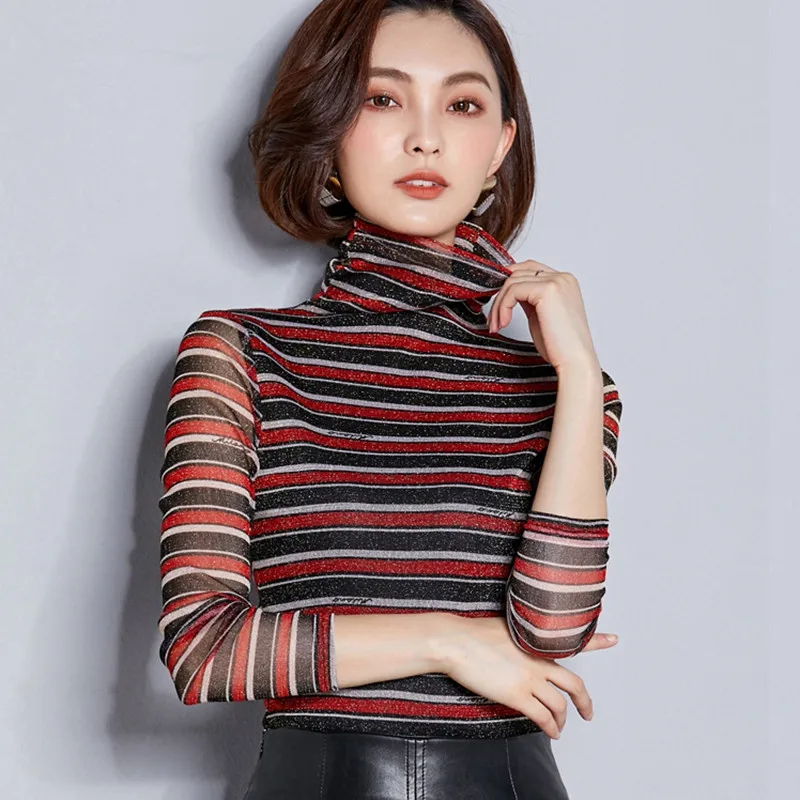 Women Blouses Shirts Female Turtleneck Long Sleeve Slim Pullover Casual Tops Elastic Basic Shirt Plus Size Ladies Clothes |