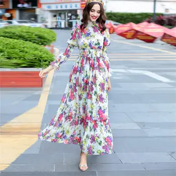 

Women Maxi Dress 2018 High Quality Designer Runway Long Sleeve Printed Elegant Long Casual Dresses NP0004N