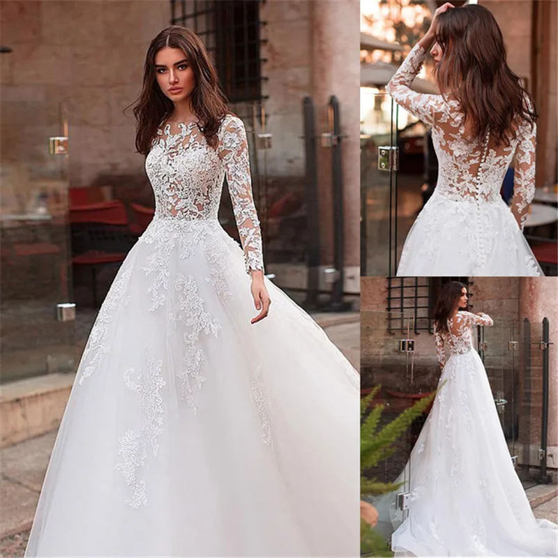 

Beautiful Wedding Dresses 2019 Scoop Neck Tulle Lace Appliques Bride Dress Long Sleeve A line Beach vestido de noiva