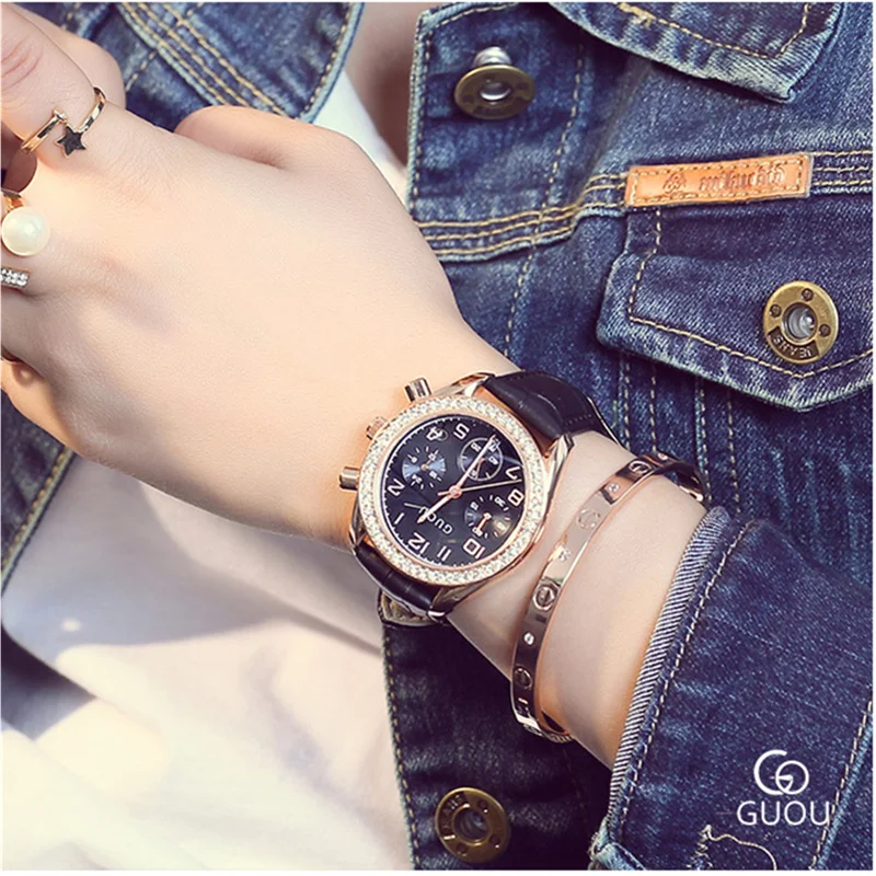 

GUOU Top Brand Luxury Rhinestone Watch Women Watches Fashion Wrist Watches Auto Date Women's Watches Clock Ladies Relojes