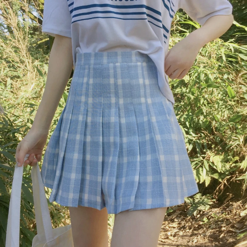 Женская плиссированная юбка в клетку летняя розовая мини с высокой талией