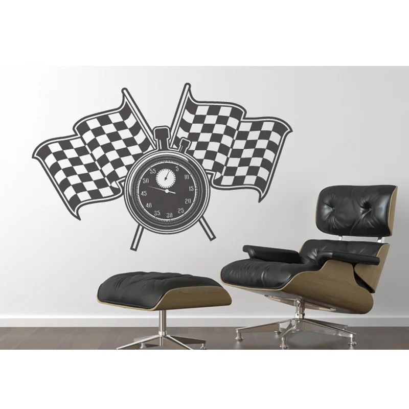 

Racing Flags Stop Watch Vinyl Wall Decal Removable Art Wall Sticker Mural 3D Design House Decoration For boy Living Room EA003