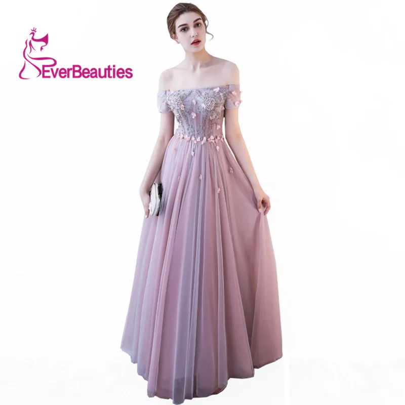 Платья для выпускного вечера Off-the-Shoulder Boat-Neck Аппликации Тюль вечернее платье