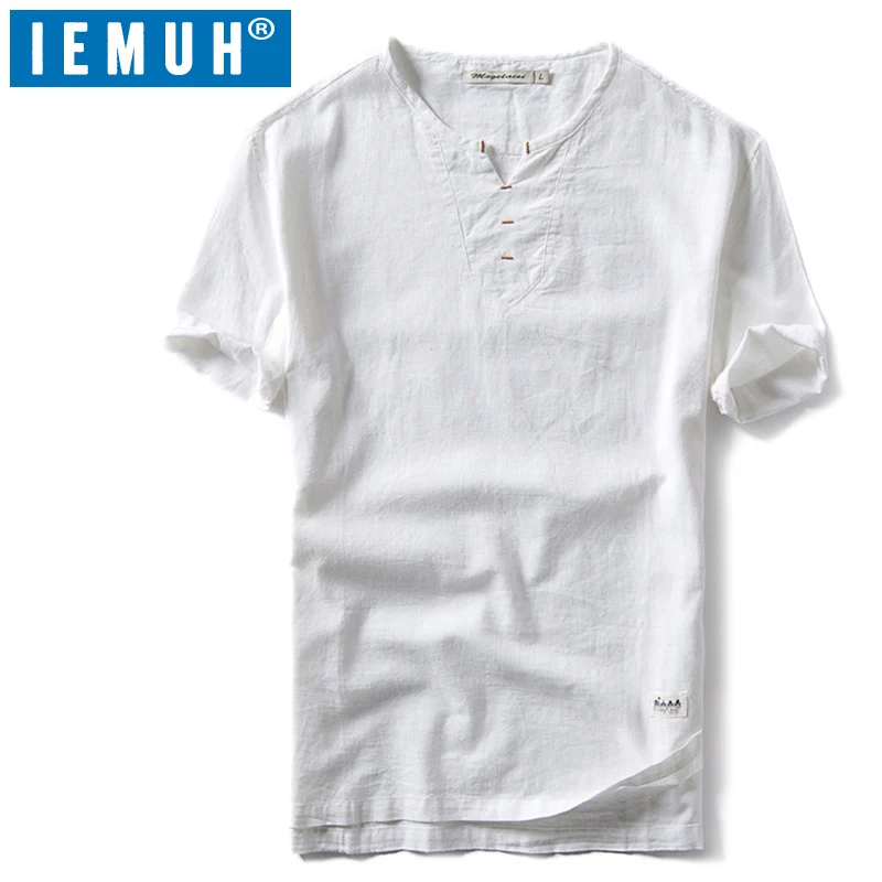 IEMUH летняя повседневная мужская футболка с коротким рукавом из хлопка и льна