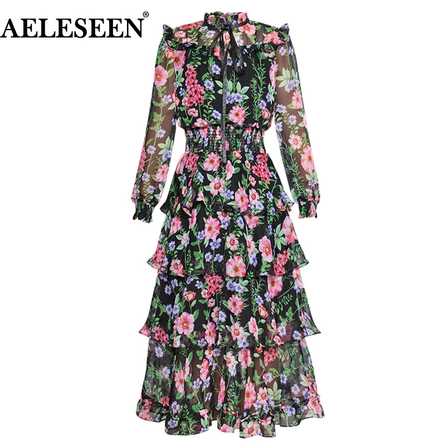 

AELESEEN Fashion Designer Summer Holiday Dress Women's Lantern Sleeve Ruffles Vintage Floral Print Cascading Bow Elegant Dress