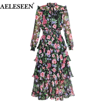 

AELESEEN Fashion Designer Summer Holiday Dress Women's Lantern Sleeve Ruffles Vintage Floral Print Cascading Bow Elegant Dress