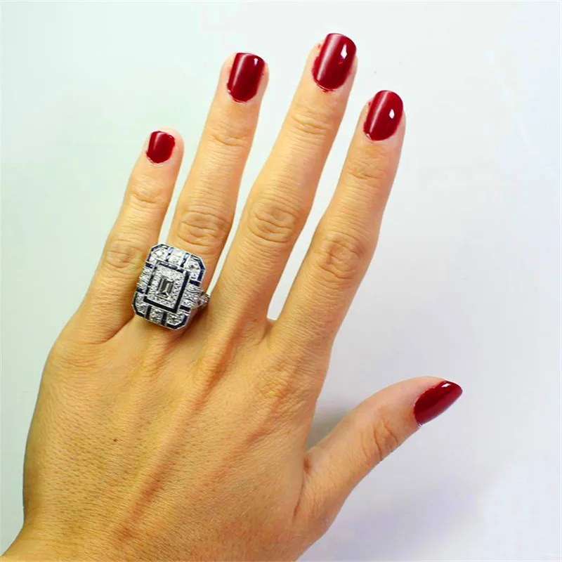 Винтажное женское кольцо, большой голубой камень, роскошный серебряный цвет, обручальное кольцо, кольца для женщин, модные большие обручальные ювелирные Кольца Подарочные