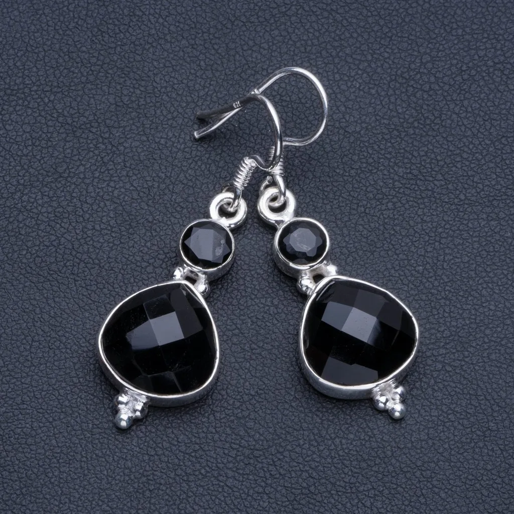 Natural Black Onyx Boho Style 925 Sterling Silver Drop Earrings 1 1/2" R1585