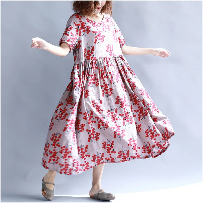 

Johnature Floral Print O-Neck Loose High Waist Dresses 2019 Summer New Women Vintage Short Sleeve Cotton Linen Dresses
