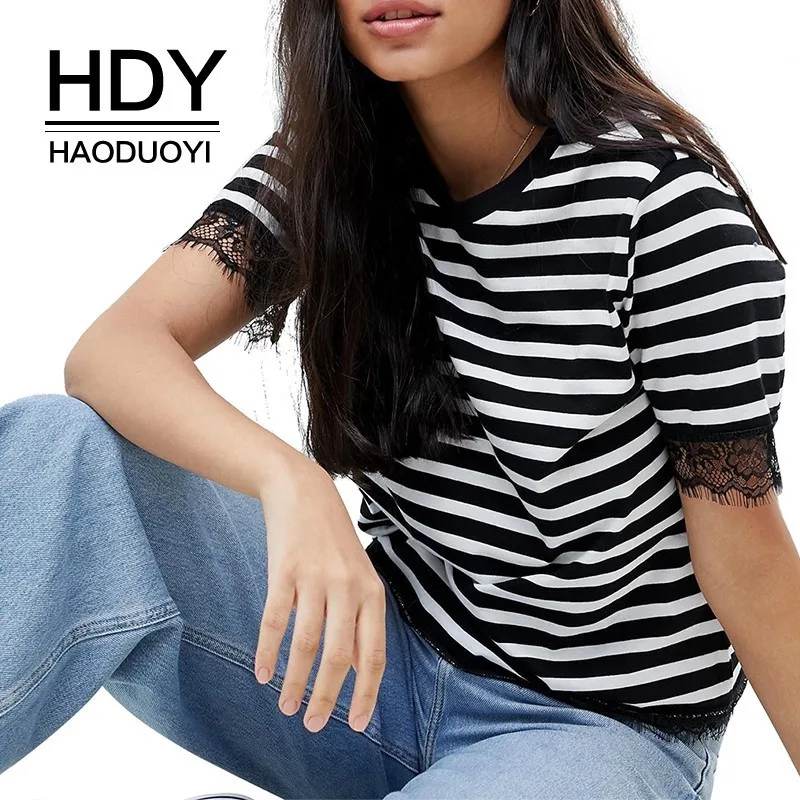 

HDY Haoduoyi Femme Summer Simple Stylish Casual Tops Sexy Lace Stitching Striped Short Sleeves Girls Round Collar Shirts