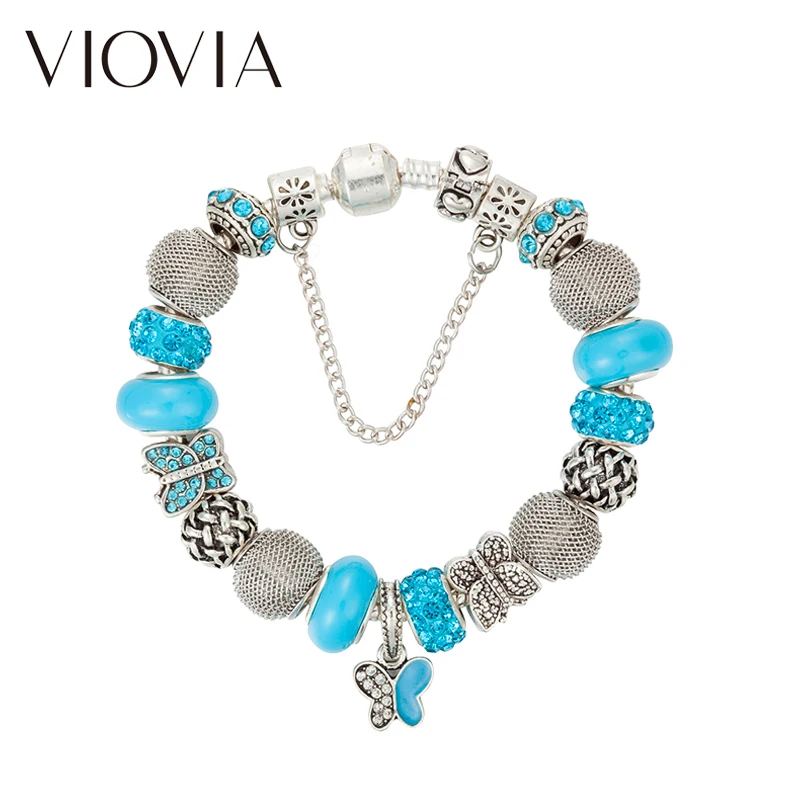 VIOVIA 2017 New Blue Color Crystal Butterfly Charm Bracelet &ampBangle for Women Murano Grass Beads DIY Jewelry Pulseras B17026 | Украшения