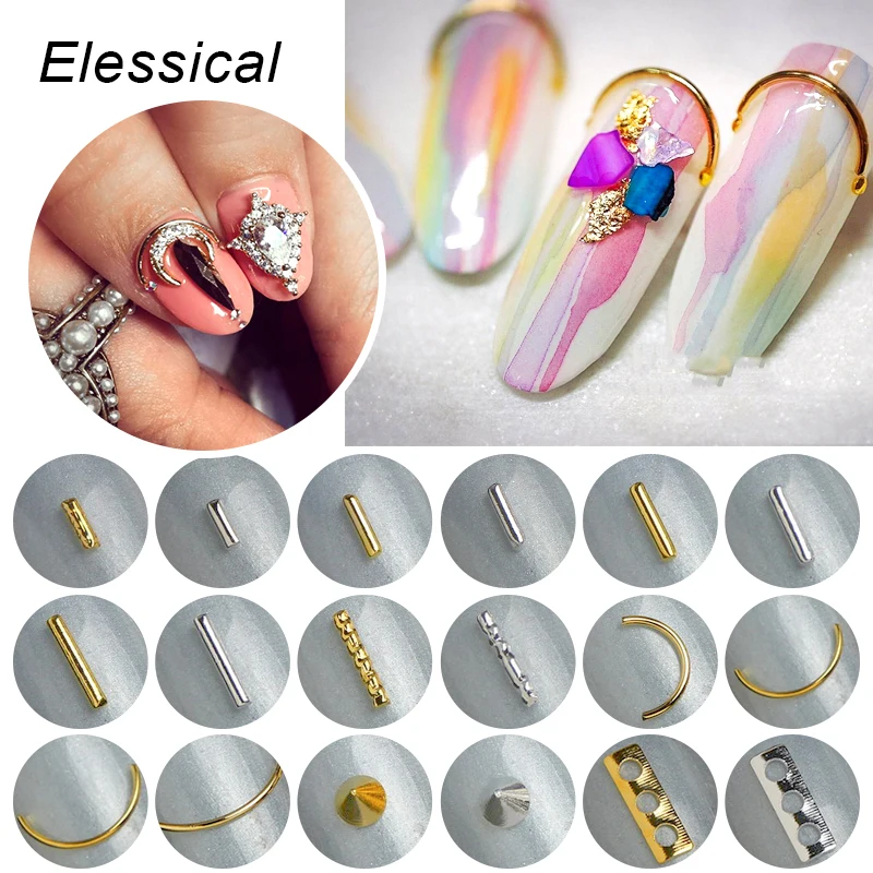 

Elessical Gold Silver 100pcs Copper Nail Rivet Studs Bent Stick Bar 3D Nail Art Decorations Rods Nails Accessories For Manicure