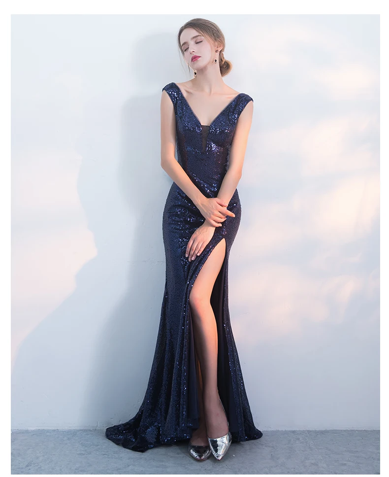 Vestido Festa/вечернее платье Русалочки для невесты, банкета, с высоким разрезом, с v-образным вырезом, с блестками, длинные официальные платья для выпускного, серебристые Макси платья