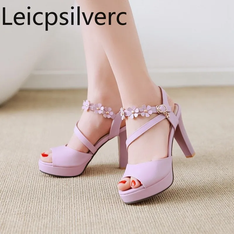 

Spring and summer High heels Thick heel Waterproof platform sandals womens Fish mouth Flower Rome Women's shoes plus size 32-43