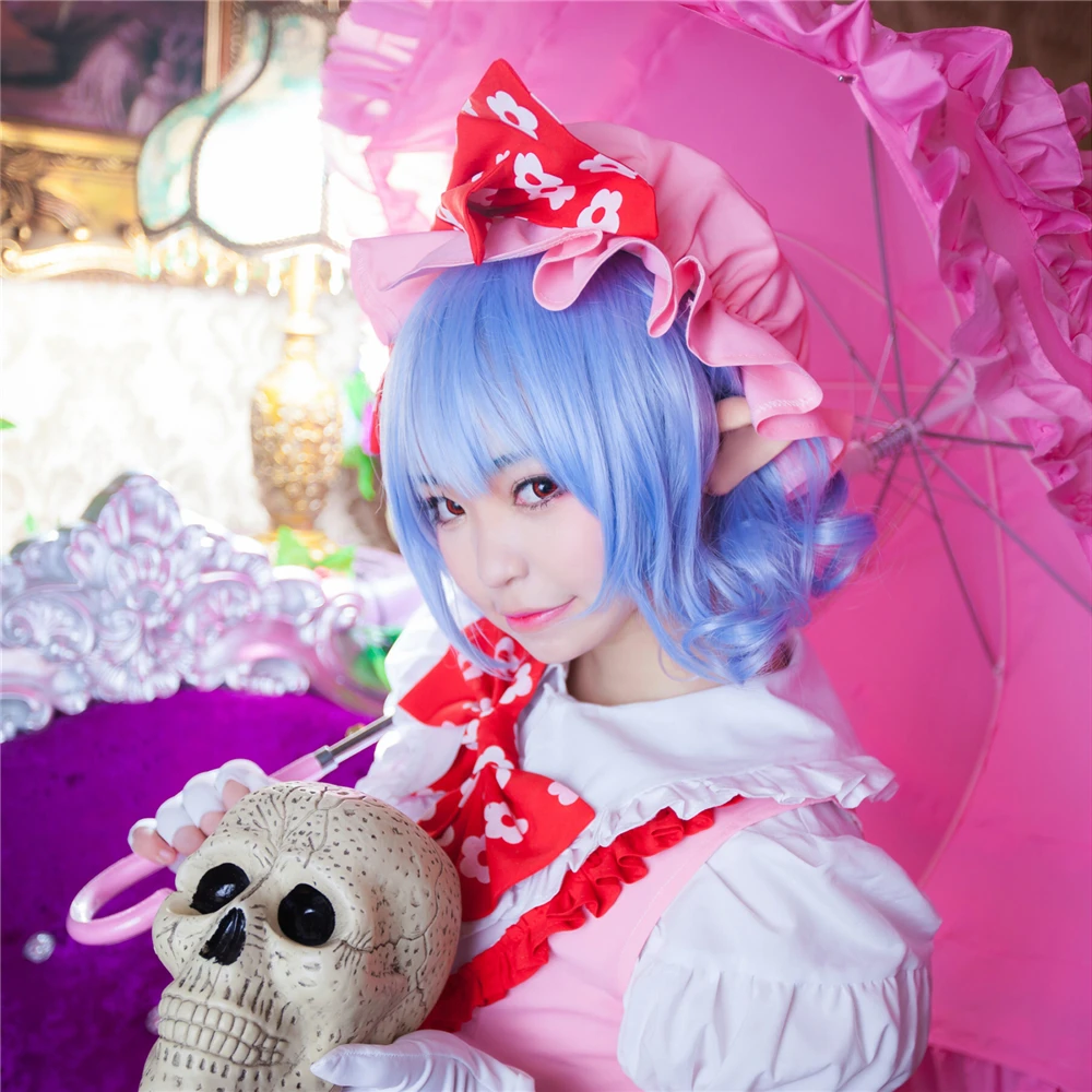 

TouHou Project Remilia Scarlet Cosplay Wig 35cm Short Curly Wavy Heat Resistant Synthetic Hair for Women Anime Costume Blue Gift