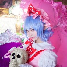 TouHou Project Remilia 스칼렛 코스프레 가발 35cm 짧은 곱슬 곱슬하고 물결 모양의 내열성 합성 머리카락 Anime Costume Blue Gift