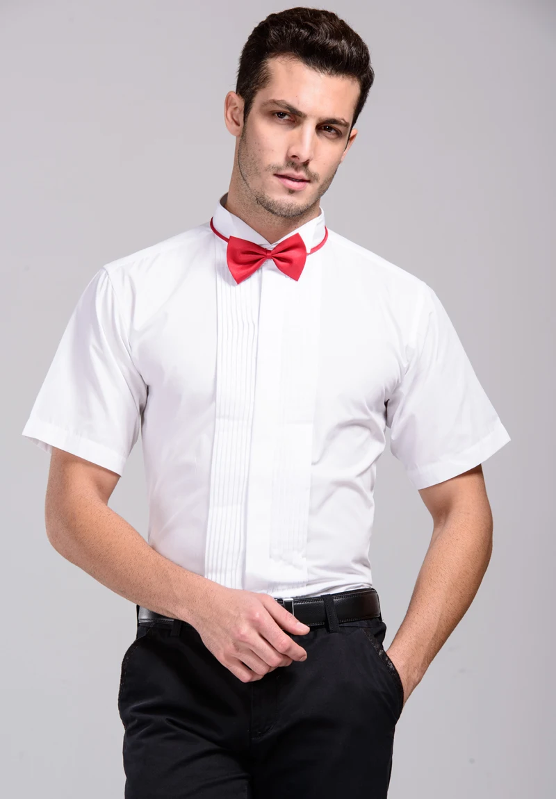 Shenrun Men White Short Sleeve Shirts Male High Quality Formal Shirt Wing Collar Wedding Groom Business Party Prom Size 38-46 - Цвет: shirt and red tie