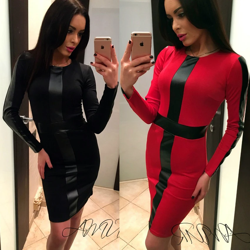 206 Мода О-Образным Вырезом Осень dress casual с длинным рукавом ПУ лоскутная женщины