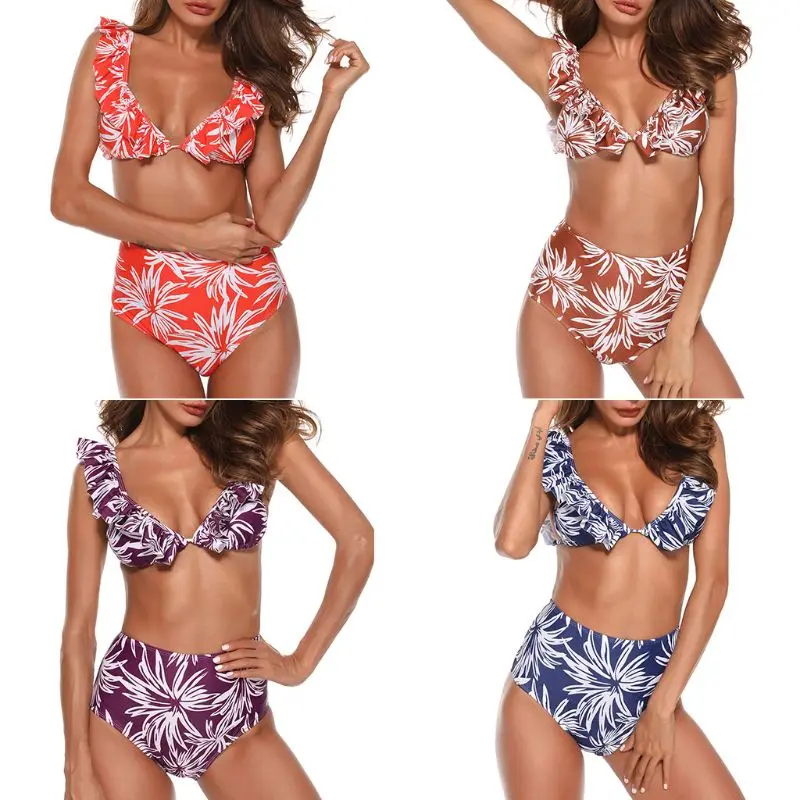 

Women Sexy Two-Piece Bikini Set Pleated Ruffles Front Deep V-Neck Triangle Bra Swimsuit Tropical Leaves Printed High Waist Brief