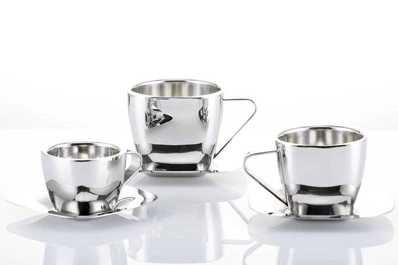 90/150/240ml Stainless Steel Coffee Cup Set Double Anti-hot Insulation Cups Creative Square Tea Cup and Saucer Milk Mug