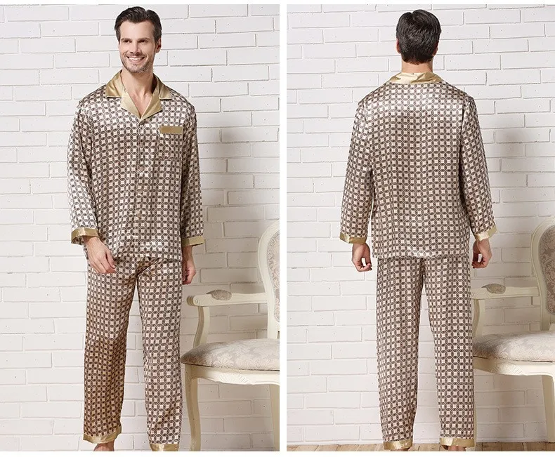 3XL мужские шелковые пижамы наборы 2019 с длинным рукавом мужские шелковые пижамы брюки пятно пижамы два предмета наборы плюс размер