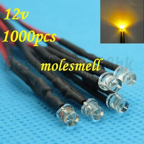 Conduziu a Luz da Lâmpada o Envio Gratuito de 1000 dc com Fio Pces Flat Amarelo Conjunto Pré-wired Grande – Ângulo Led 3mm 12v Top