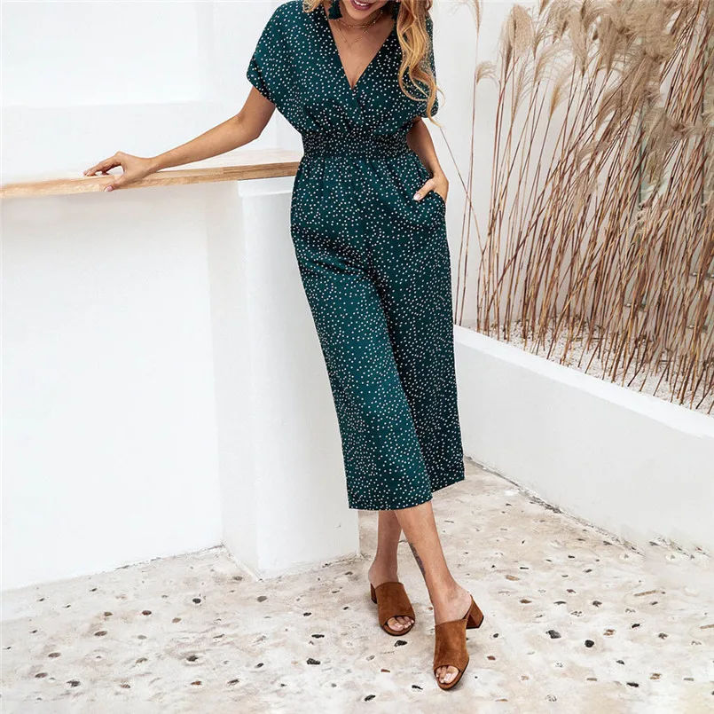 New Fashion Women Summer Sexy V Neck Short Sleeve Dot Printing Romper Jumpsuits Playsuit Office Elegant Lady Boho Jumpsuit #4R08 (6)