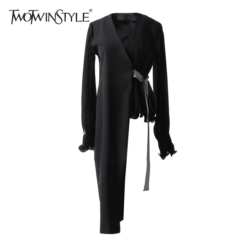 TWOTWINSTYLE ассиметричный пиджак женский шифоновый лоскутный v-образный вырез рукав-фонарик на шнуровке с высокой талией Женское пальто весеннее тонкое