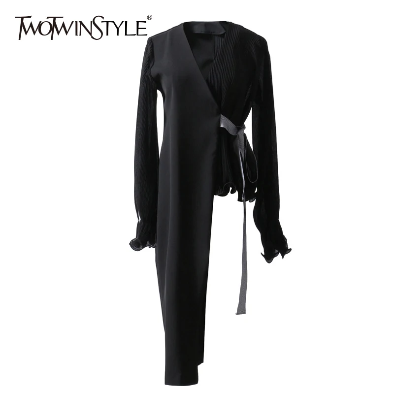 Goede TWOTWINSTYLE Asymmetrische Blazer Vrouwelijke Chiffon Patchwork V hals Lantaarn Mouwen Lace Up Hoge Taille Jas Vrouwen 2018 Lente Dunne