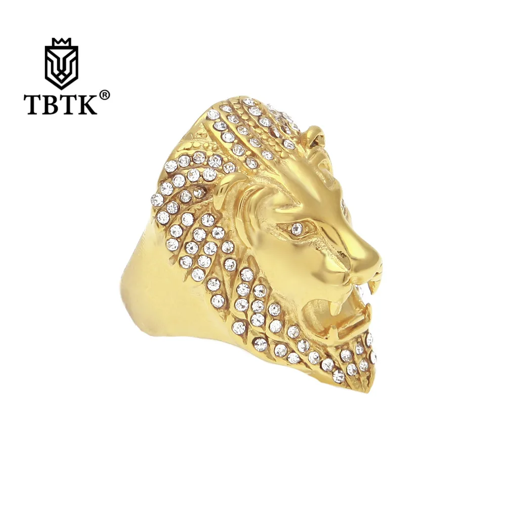Best TBTK Roaring Lion Head Ring Gold Stainless Steel Metal Ring Micro inlaid Sparkling Rhinestone Crystal Cocktail Ring Punk Man