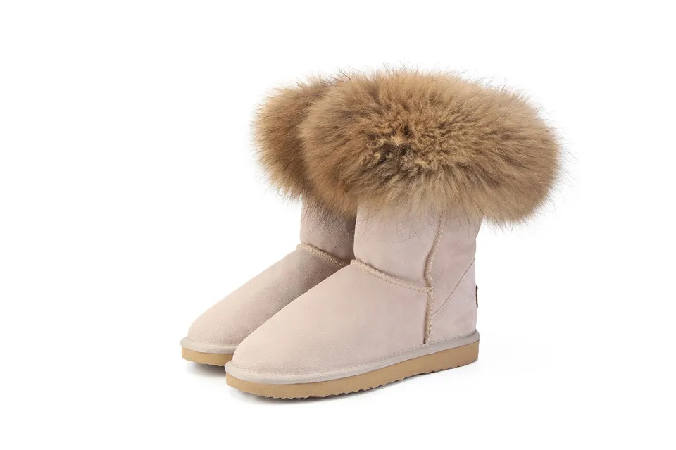 MBR FORCE Fashion Women's Natural Real fox Fur Snow Boots Genuine Cow Leather women Boots Female Warm Winter Boots Shoes