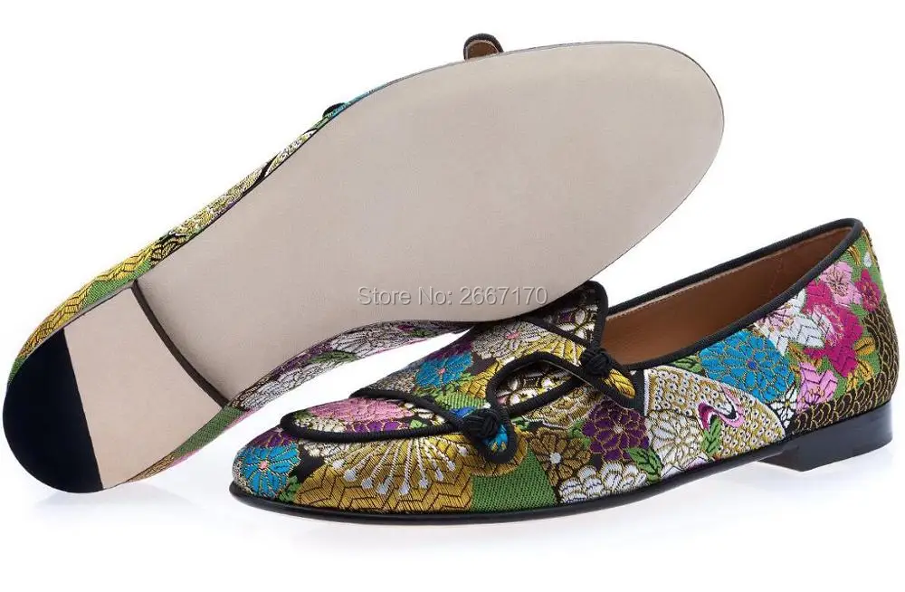Sexy Men Wedding Shoes Satin Floral Embroidered Loafers Double-Monk Flats Jacquard Silk Shoes Slip On slippers Party Men