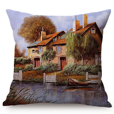 Beautiful Countryside Scenery Happy Cottage Childhood Memory Oil Painting Home Decor Throw Pillow Case Sofa Chair Cushion Cover K120-5