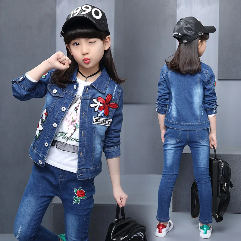 

2018 Brand New Toddler Infant Kids Baby Girl Solid T-Shirt Tops Denim Jeans Pants 3Pcs Sets Fashion Clothes Autumn Outfit 3-15T